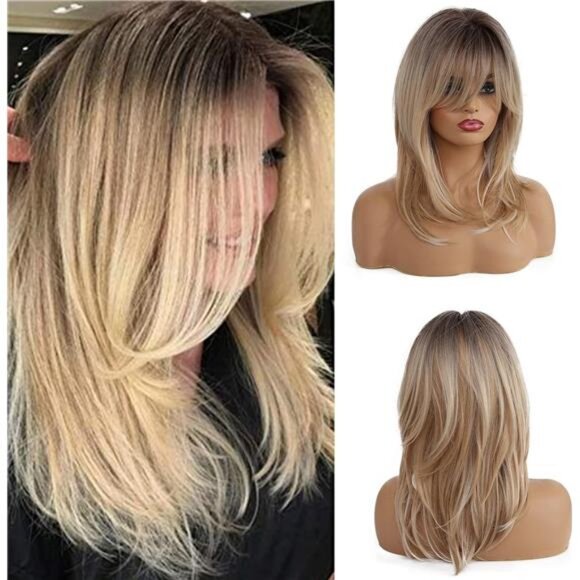 Synthetic Wigs Long Straight Layered Hairstyle Ombre Black Blonde Gray